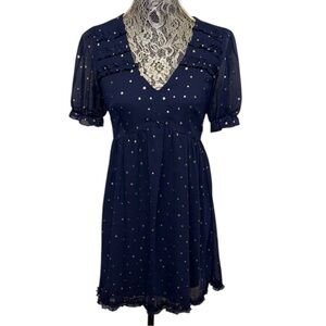 Francesca’s Mi Ami Navy Rose Gold Foil Star Babydoll Ruffle Dress NWT